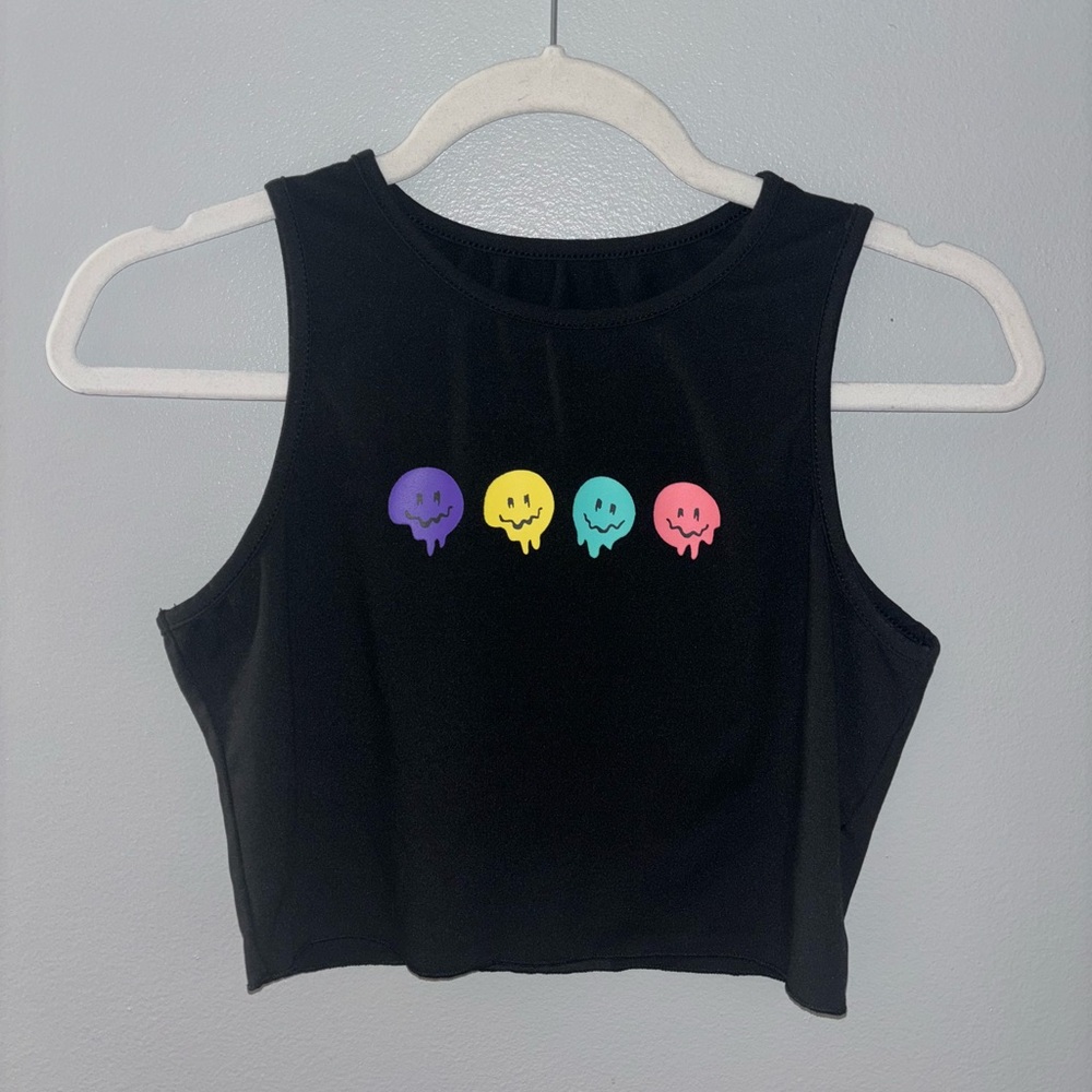 black smiley face cropped tank